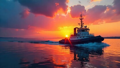 Fototapeta premium A breathtaking sunrise paints the sky as a powerful tugboat gracefully navigates calm waters, its silhouette a study in elegance against the vibrant backdrop , reflection, ship
