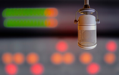Professional microphone and sound mixer in radio station studio