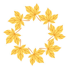 Simple yellow maple leaf circle frame. Cute wreath border of autumn leaves. Hello fall. Vector seasonal illustration. Template for poster, postcard.