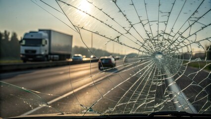 Accident reflection on cracked windshield highway traffic scene urban environment close-up view safety awareness