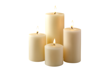 Group of white pillar candles isolated on a transparent background