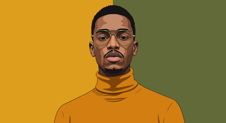Young man with short dark hair, glasses, mustache, and goatee in orange turtleneck sweater on yellow and green diagonal background