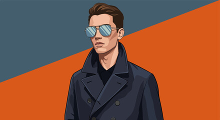 Fototapeta premium Stylish young man in dark blue overcoat and black shirt with mirrored sunglasses on a deep blue and orange background