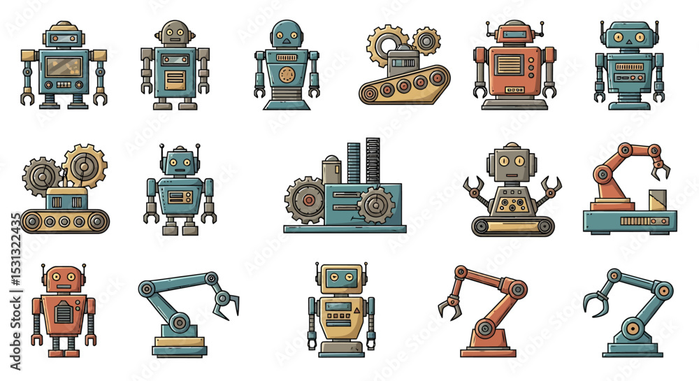 Poster vector icons set of collection of detailed colorful cartoon robots and robotic arms illustrations. v