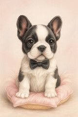 Adorable black and white French bulldog puppy sitting on a pink cushion shaped like an ice cream cone. Wearing a black bow tie. Soft pastel background. Perfect for cute-themed products or prints.