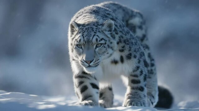 Snow leopard walking through snowy mountain terrain
