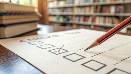 Library choice selecting books in a cozy reading environment close-up view of checklist and pencil inviting atmosphere
