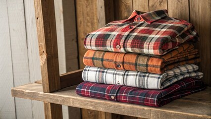 Stacked flannel shirts cozy boutique fashion photography rustic environment close-up view autumn style inspiration