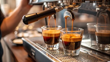 Brewing perfect espresso coffee shop beverage preparation urban environment close-up view art of coffee making