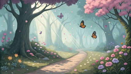 Nature awakens butterflies dance among blossoms in a serene forest pathway magical landscape enchanting viewpoint tranquil atmosphere