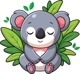 Adorable cartoon koala sitting in green leaves
