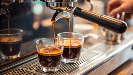 Espresso preparation process coffee shop beverage creation urban environment close-up perspective craftsmanship for coffee lovers
