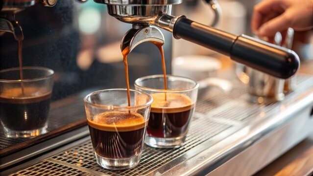 Espresso preparation process coffee shop beverage creation urban environment close-up perspective craftsmanship for coffee lovers