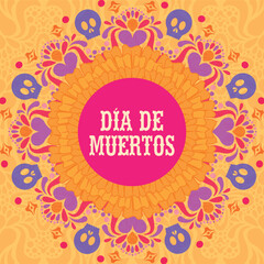 Vector tarjeta estilo día de muertos. Diseño sobre papel picado naranja. Tradición mexicana	