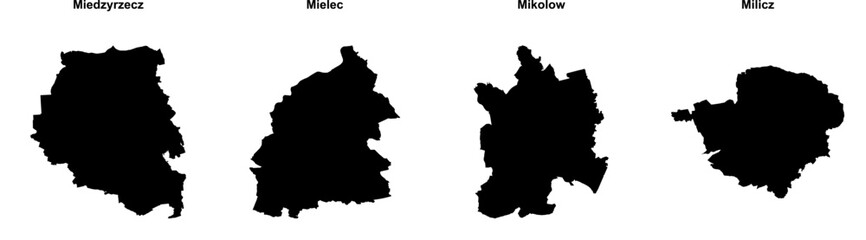 Fototapeta premium Miedzyrzecz, Mielec, Mikolow, Milicz outline maps