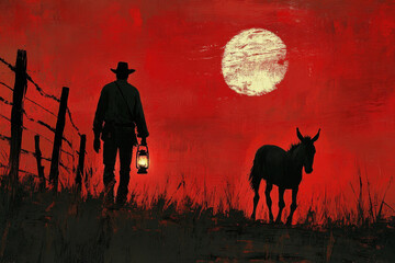 Naklejka premium Man and horse in serene field setting.