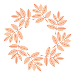 Simple pink rowan leaf circle frame. Cute wreath border of autumn leaves. Hello fall. Vector seasonal illustration. Template for poster, postcard.