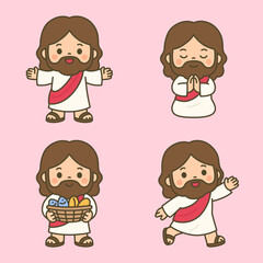 Cute Cartoon Jesus Praying, Blessing, and Holding Bread and Fish Basket