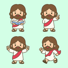 Innocent Cartoon Jesus Reading Bible and Spreading Joyful Messages