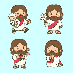 Loving Cartoon Jesus with Lamb, Lily, Heart Symbol and Peaceful Praying Gesture on Blue Background
