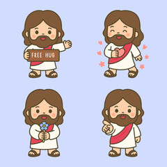 Cute Cartoon Jesus Offering Free Hug and Flower with Loving Gestures