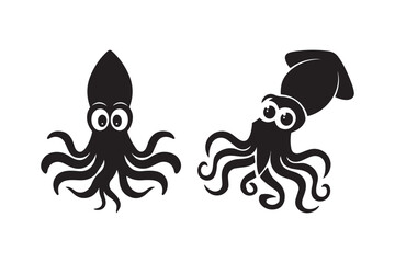 Cute Squid Silhouette Vector Icons Black Sea Animal Clipart for Kids, Ocean Art, and Logo Design