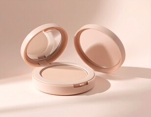 Realistic compact powder case mockup opened and closed views, matte plastic packaging with mirror reflection,  smooth shadows, subtle glow, suitable for high-end makeup branding