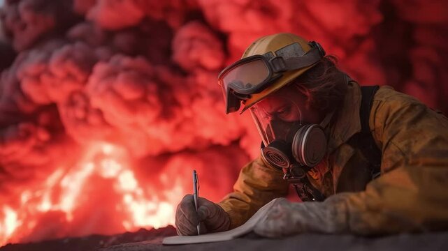A scientist in a protective suit fearlessly takes notes on the details of an erupting volcano
