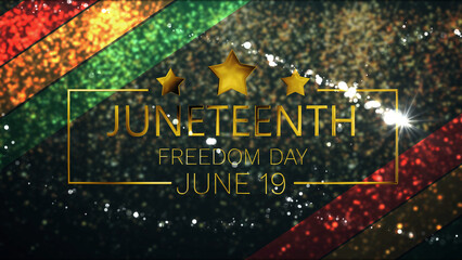 Celebrating US Black Rights federal Freedom Day JUNETEENTH. Emancipation Day particles falling gold typography fairy dust. Anti-slave movement part, elegant social media post, story advertisement bg.