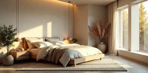 Serene bedroom interior, soft lighting illuminates calming textures and neutral tones, creating a peaceful sanctuary for restful sleep A haven of tranquility , bedroom decor, soft
