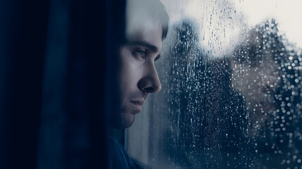 Thoughtful Young Man Looking Out Rainy Window in Dim Lighting