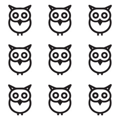 Nine Black Line Art Owls White Background vector 1