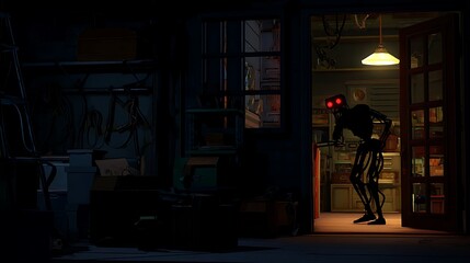 Eerie robot silhouette in darkened doorway