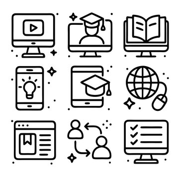 Nine icons of online learning suitable for elearning platforms, educational websites, presentations, and digital marketing materials for educational services.