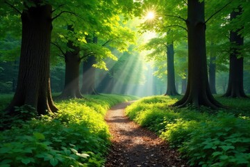 Obraz premium Sun-dappled forest floor in summer, lush green foliage, dappled sunlight filtering through the canopy, creating magical shadows Perfect for nature, travel, and environmental themes , shadows, canopy