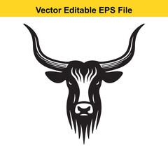 Majestic Longhorn Bull Head: A Black and White Vector Illustration