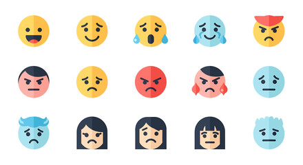 Vector icons Set of  Collection of Flat Emojis Displaying Various Emotions. Vector Illustrations