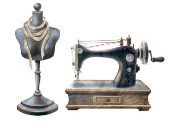 Mannequin and sewing machine. Female torso for trying on clothes and sewing accessories. Watercolor illustrations of vintage items. For a sewing workshop, sewing blogs, printing postcards, stickers.