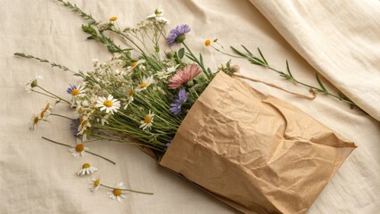 Beautiful wildflower bouquet in brown paper bag natural light floral arrangement serene indoor setting close-up perspective
