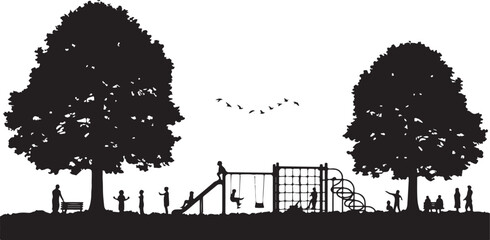 Children Playing on Outdoor Playground with Trees Silhouette Illustration