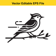 Bird on Branch Vector Illustration: A stylized bird in motion perched on a twig, ideal for logo design or nature-themed projects.