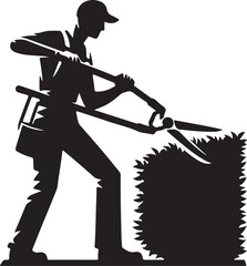 A silhouette of a gardener trimming a bush with large shears in a minimalist illustration