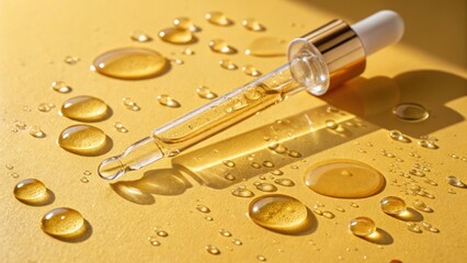 Applying essential oil drops for skin care health and beauty studio product photography bright yellow background close-up natural wellness