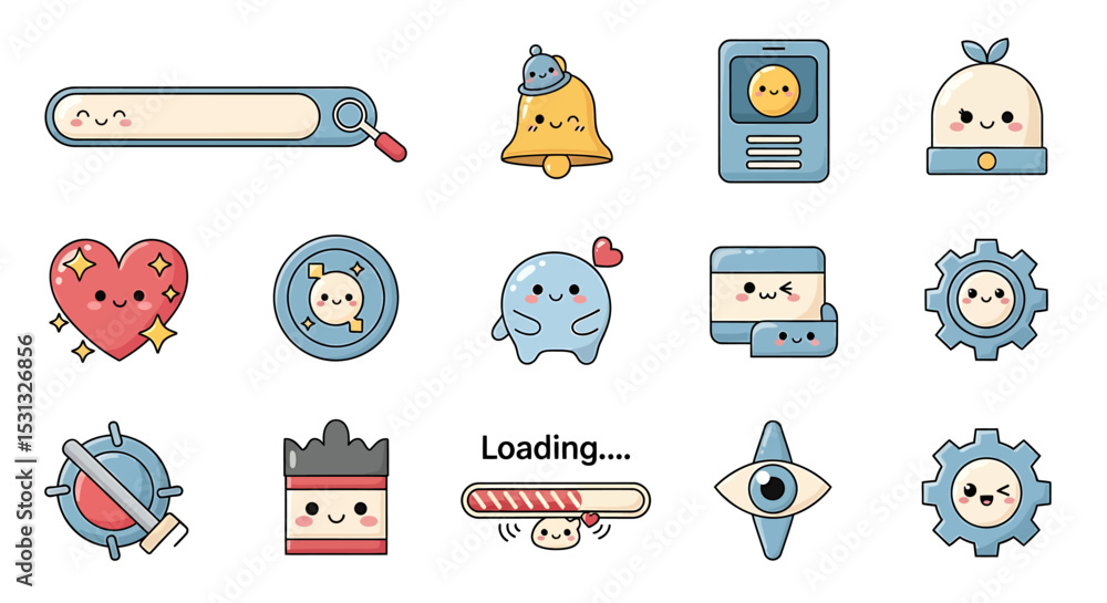 Poster vector icons set of collection of kawaii style icons with smiling faces and pastel colors. vector il