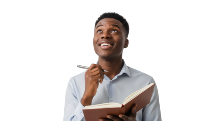 African american man writing in notebook planning ideas looking up inspiration for business success on transparent background