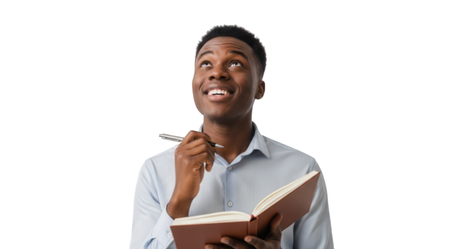 African american man writing in notebook planning ideas looking up inspiration for business success on transparent background