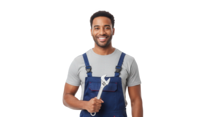 Smiling african american mechanic holding wrench ready for plumbing or auto repair service work job on transparent background
