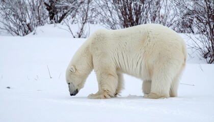 Polar bear foraging in snowy landscape