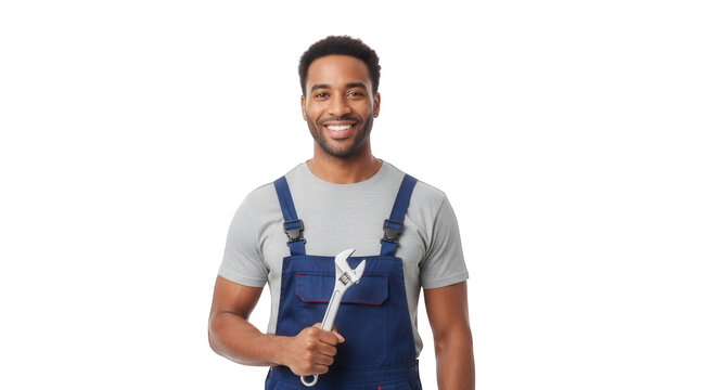 Smiling african american mechanic holding wrench ready for plumbing or auto repair service work job on transparent background