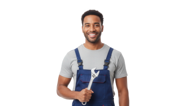 Smiling african american mechanic holding wrench ready for plumbing or auto repair service work job on transparent background